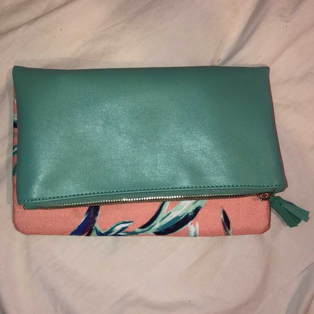 Sea foam green and salmon floral clutch